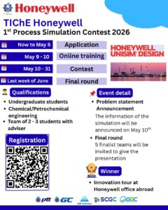 โปสเตอร์การแข่งขัน TIChE Honeywell 1st Process Simulation Contest 2026 พร้อมกำหนดการและคุณสมบัติผู้สมัคร